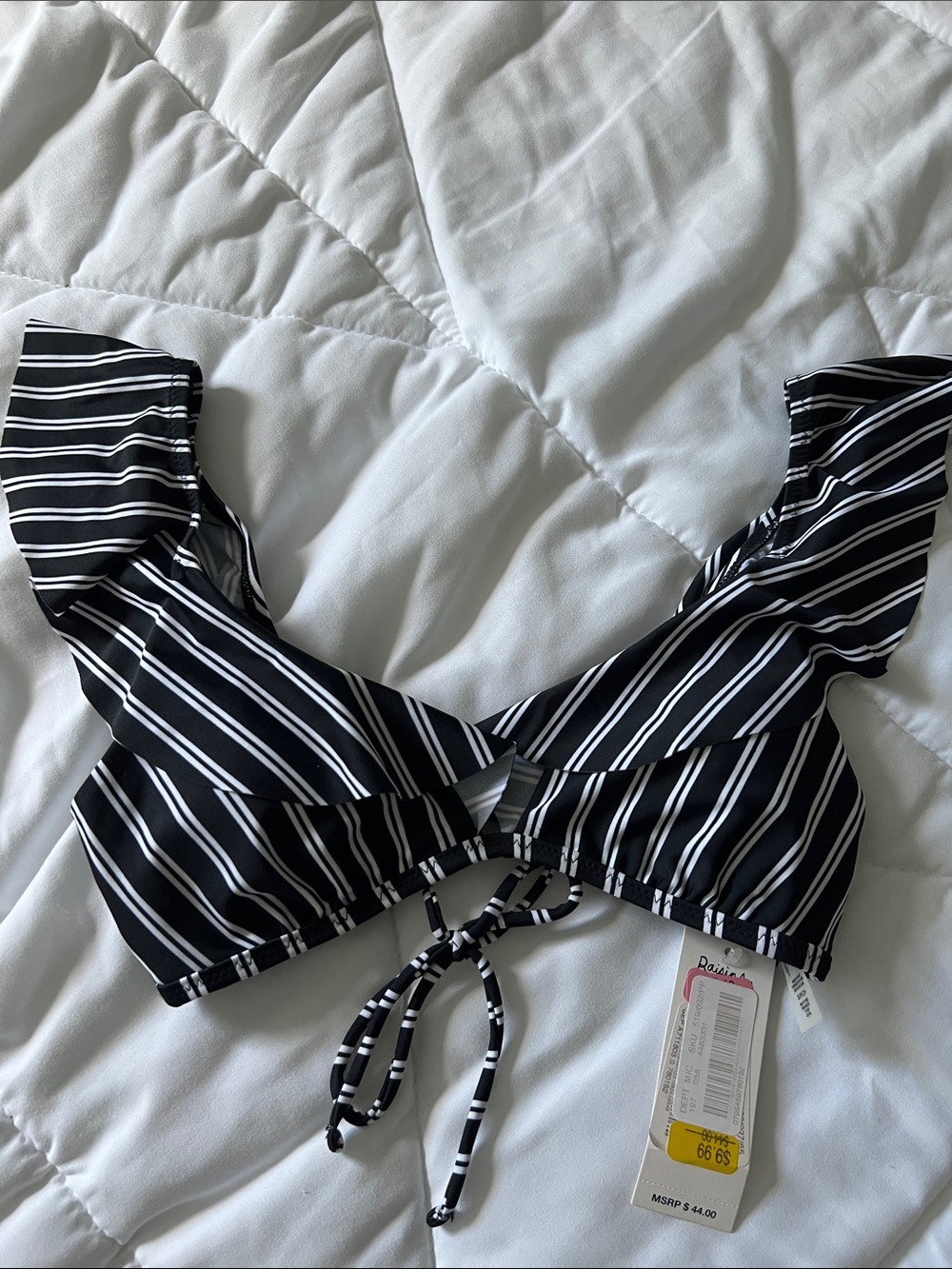 Striped Black & White Ruffle Tie-Back Bikini Swimsuit Top - Women